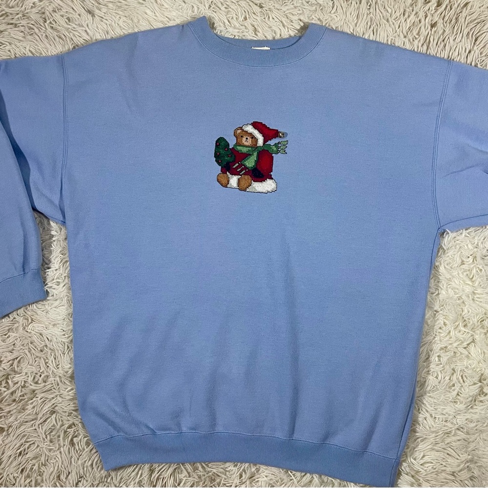 Vintage GAP Women's XL Sweatshirt Baby Blue Christmas Bear Bell Embroidered Ugly - Picture 6 of 10